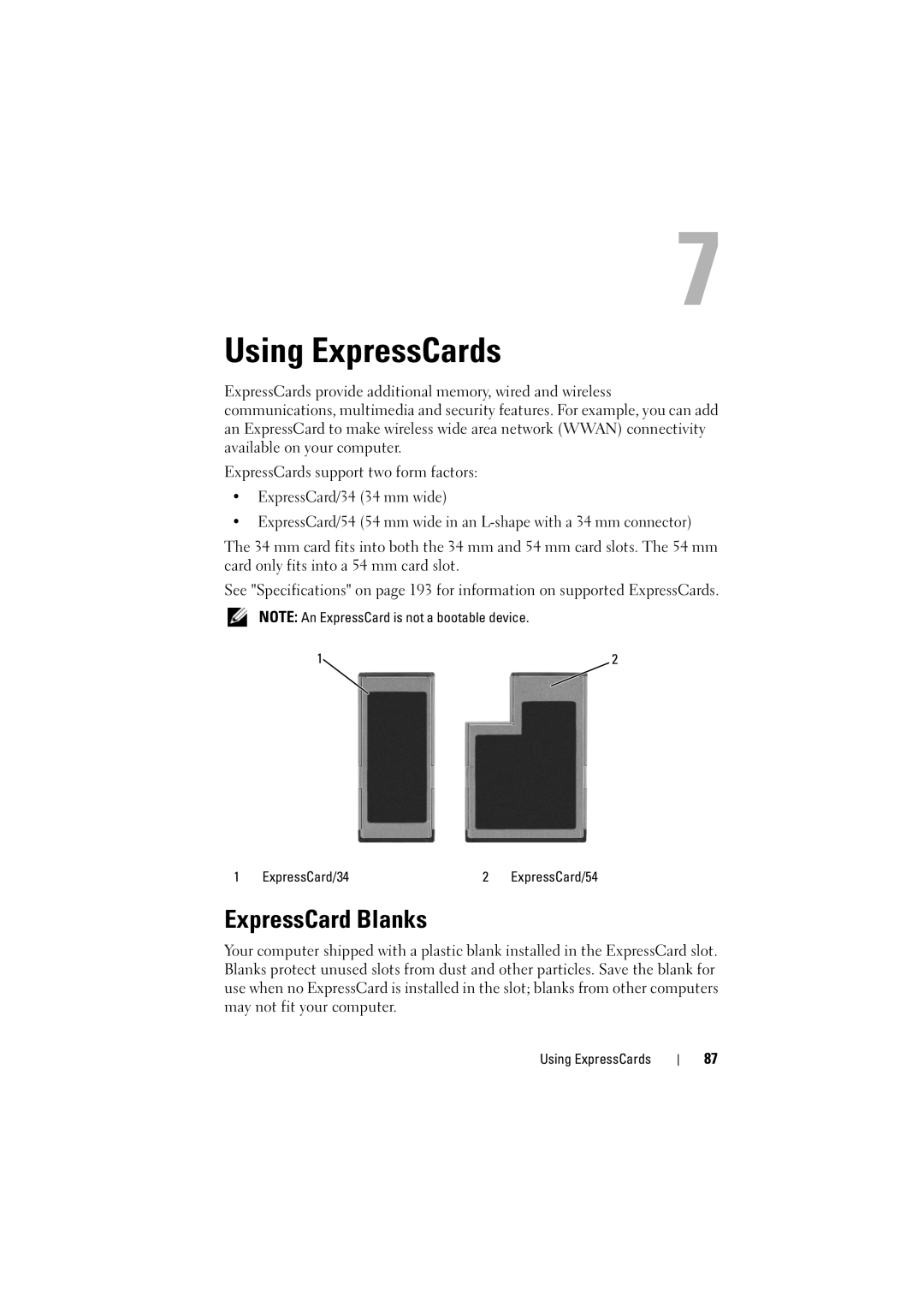 Dell PP22L manual Using ExpressCards, ExpressCard Blanks 