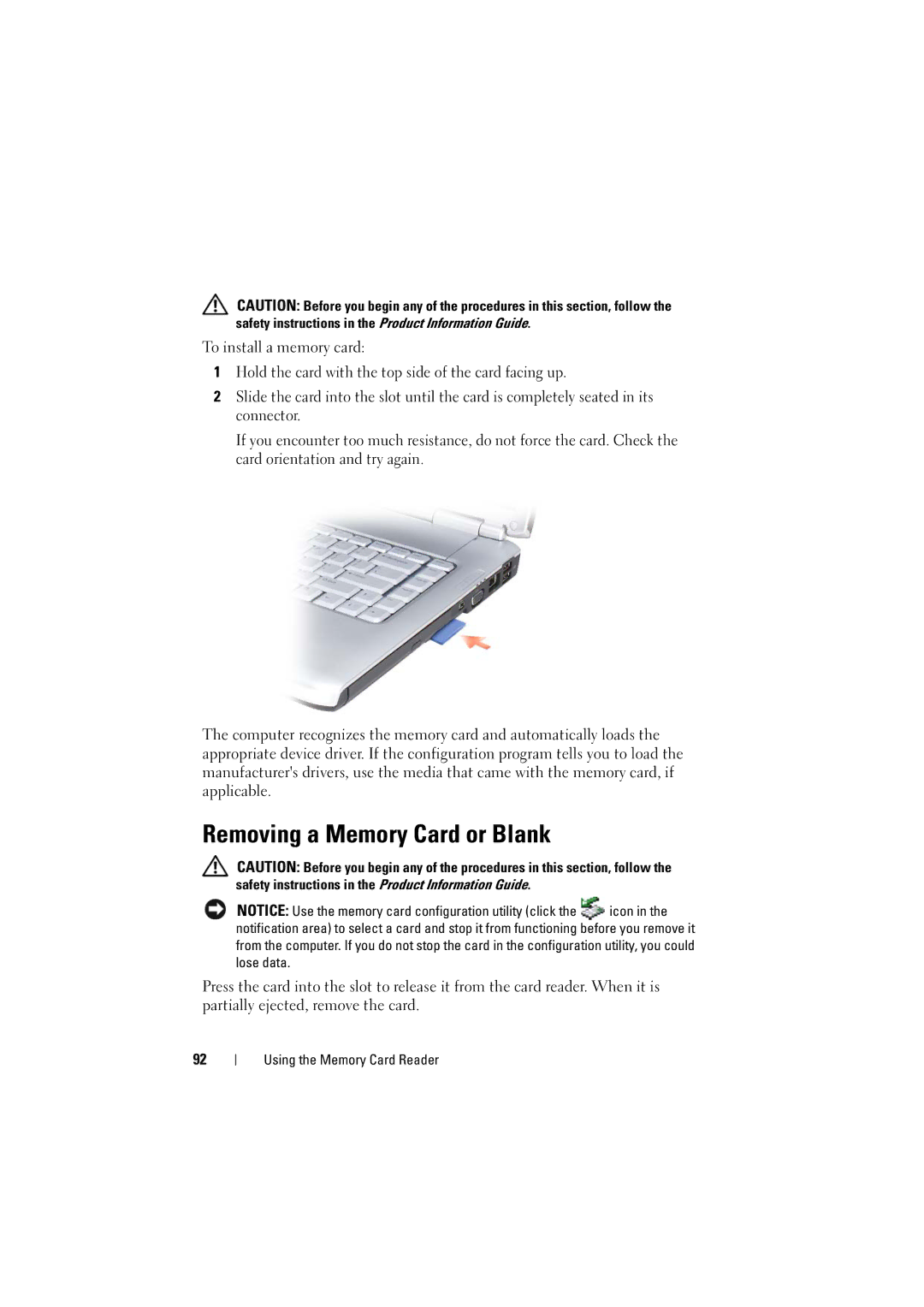 Dell PP22L manual Removing a Memory Card or Blank 