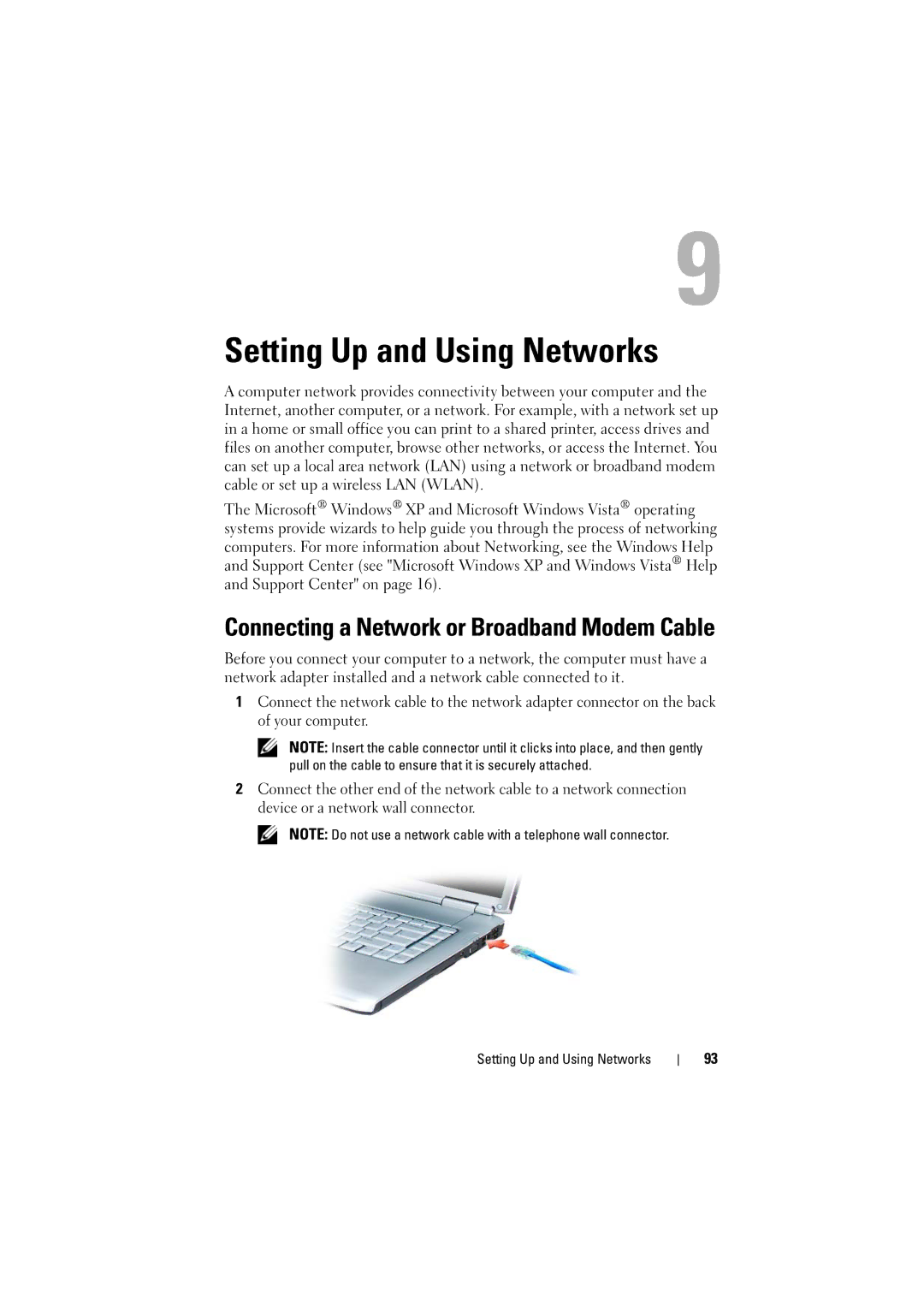 Dell PP22L manual Setting Up and Using Networks, Connecting a Network or Broadband Modem Cable 