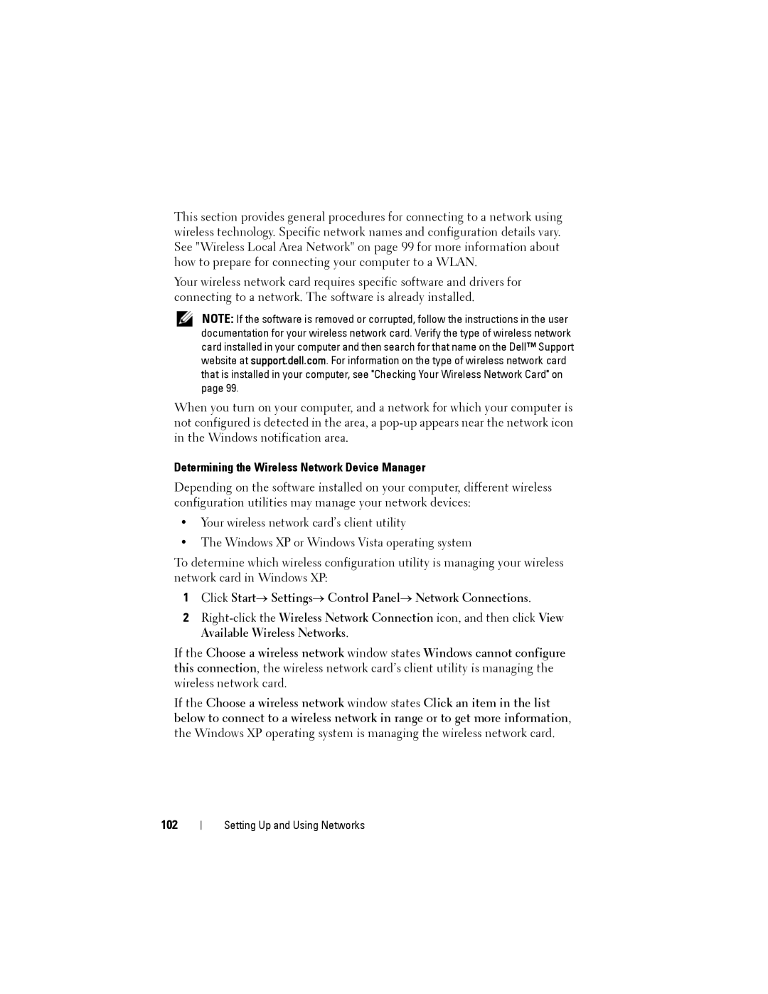 Dell PP22L Determining the Wireless Network Device Manager, Click Start→ Settings→ Control Panel→ Network Connections, 102 