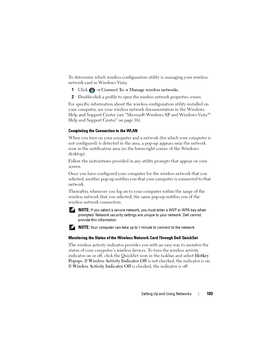 Dell PP22L owner manual Click → Connect To→ Manage wireless networks, Completing the Connection to the Wlan, 103 