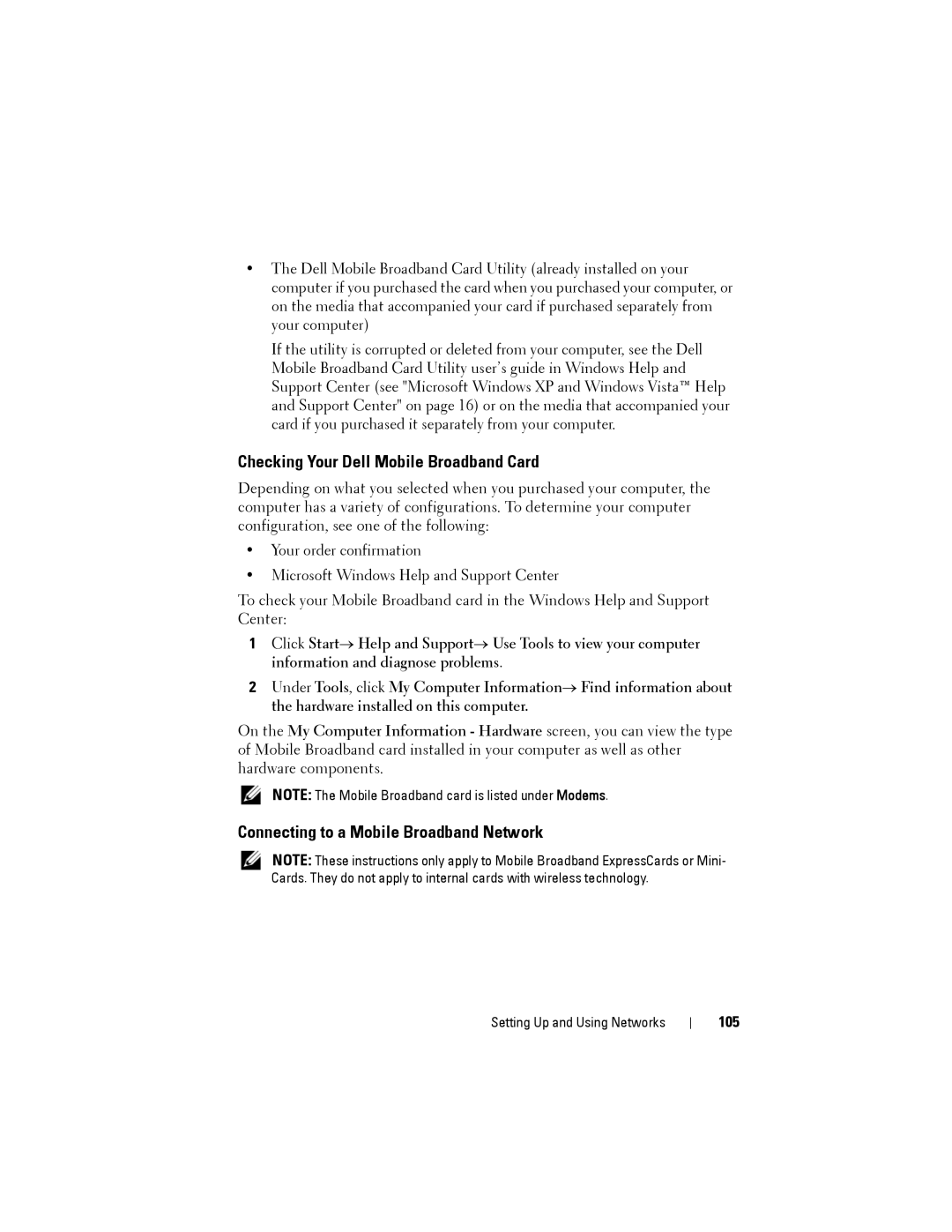 Dell PP22L owner manual Checking Your Dell Mobile Broadband Card, Connecting to a Mobile Broadband Network, 105 