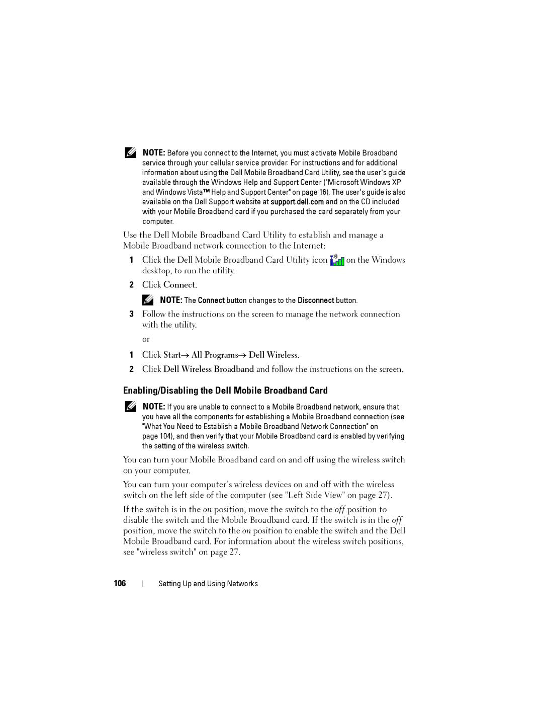 Dell PP22L owner manual Enabling/Disabling the Dell Mobile Broadband Card, Click Start→ All Programs→ Dell Wireless, 106 
