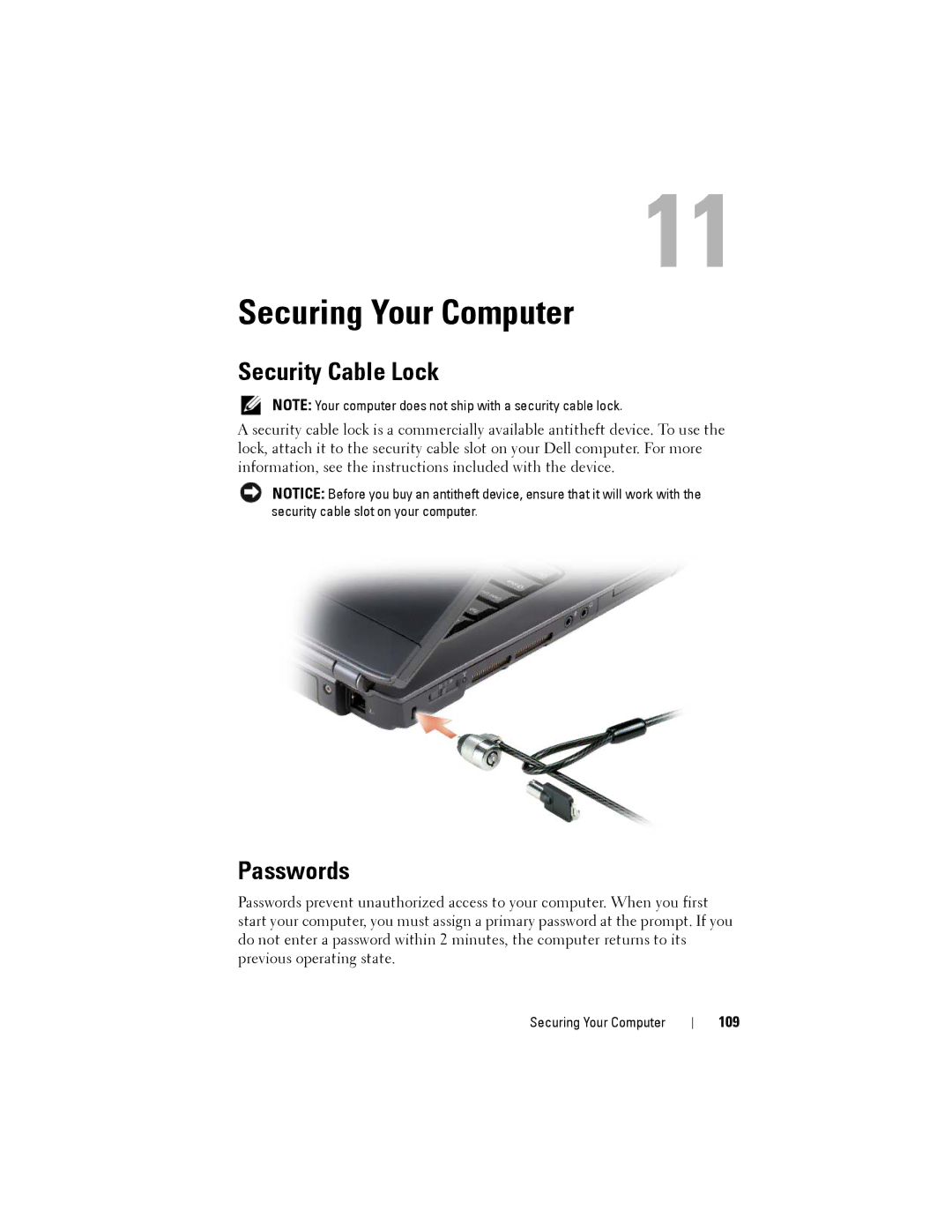 Dell PP22L owner manual Securing Your Computer, Security Cable Lock, Passwords, 109 