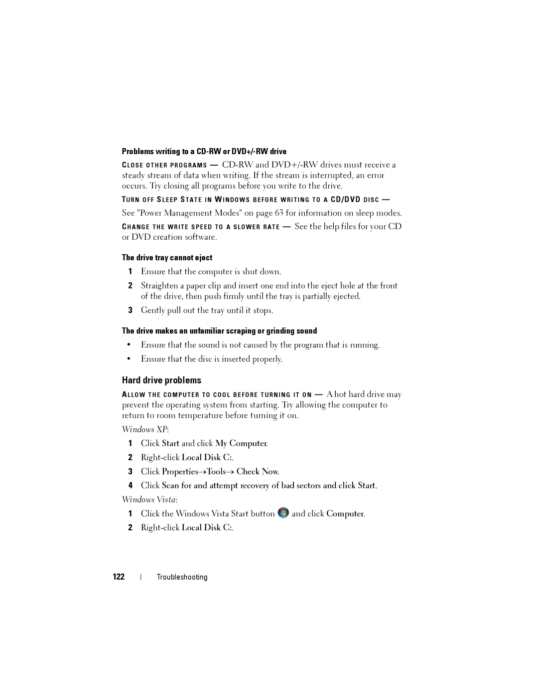 Dell PP22L owner manual Hard drive problems, Problems writing to a CD-RW or DVD+/-RW drive, Drive tray cannot eject, 122 