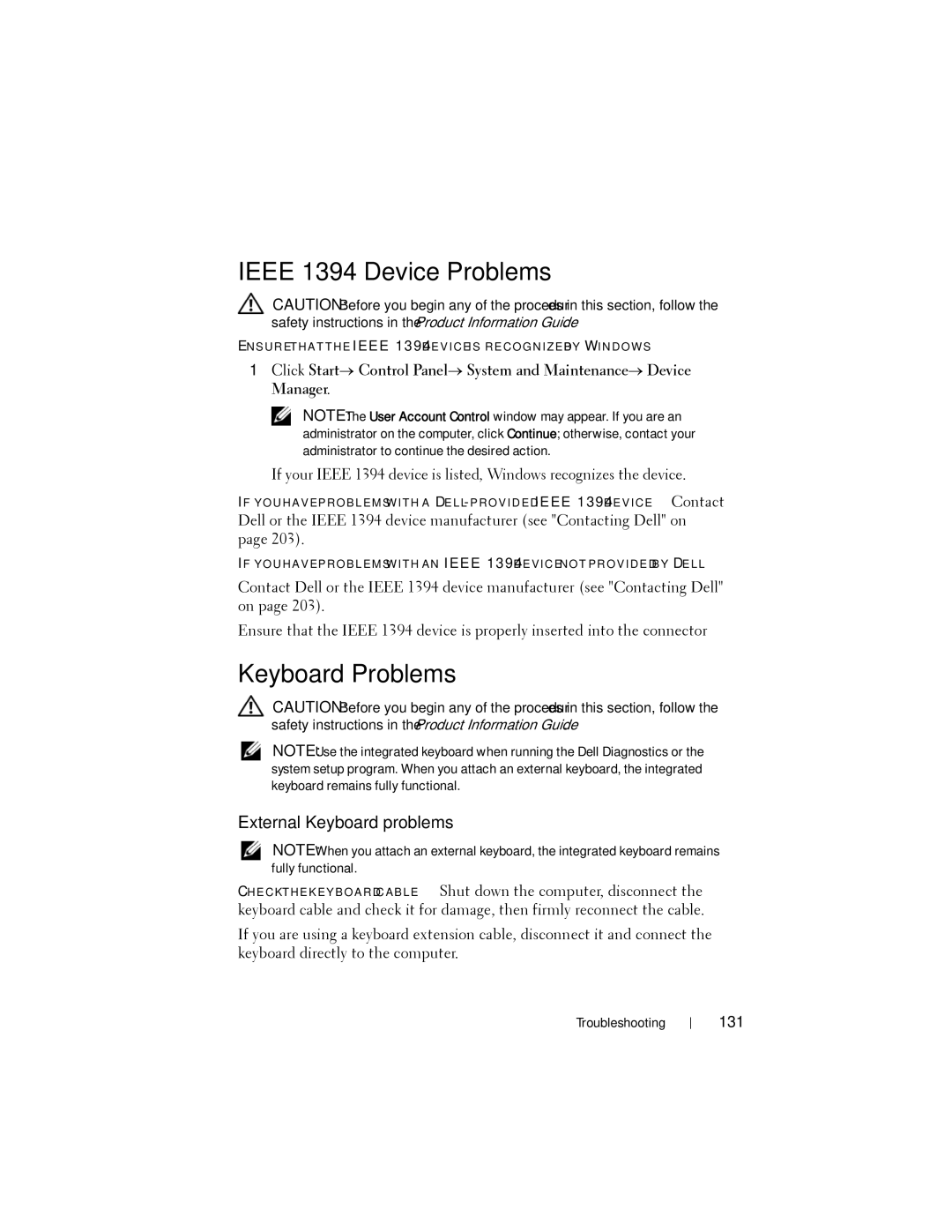 Dell PP22L owner manual Ieee 1394 Device Problems, Keyboard Problems, External Keyboard problems, 131 