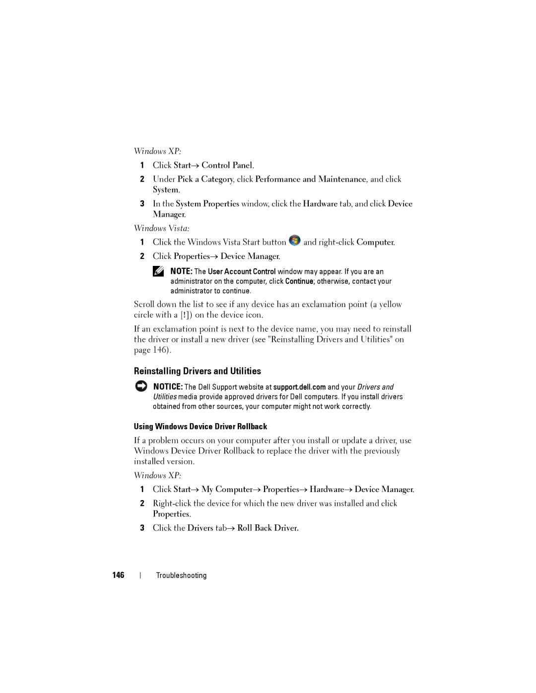 Dell PP22L Reinstalling Drivers and Utilities, Click Properties→ Device Manager, Using Windows Device Driver Rollback, 146 