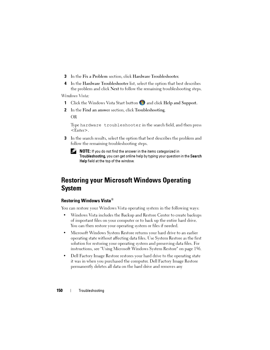 Dell PP22L owner manual Restoring your Microsoft Windows Operating System, Restoring Windows Vista, 150 