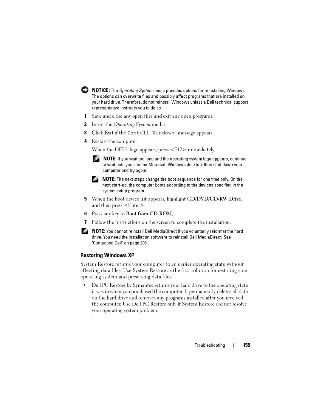 Dell PP22L owner manual Restoring Windows XP, 155 