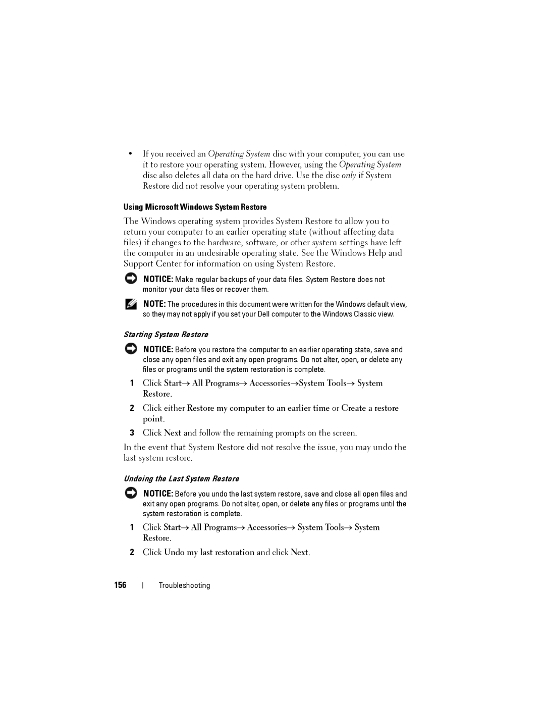 Dell PP22L owner manual Using Microsoft Windows System Restore, 156 