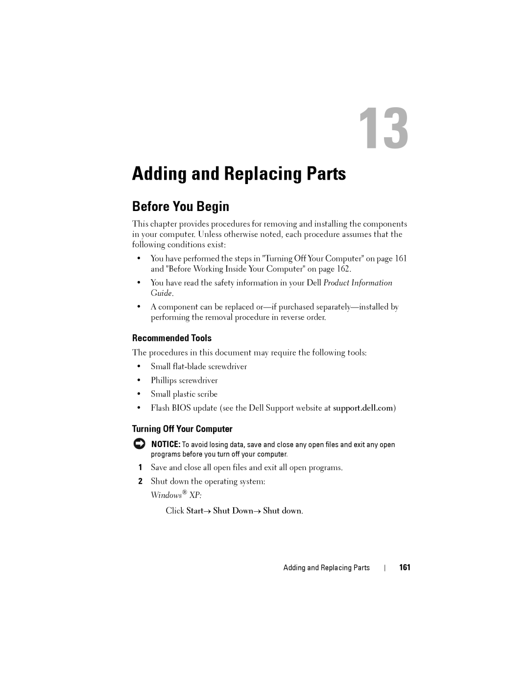 Dell PP22L owner manual Adding and Replacing Parts, Before You Begin, Recommended Tools, Turning Off Your Computer, 161 