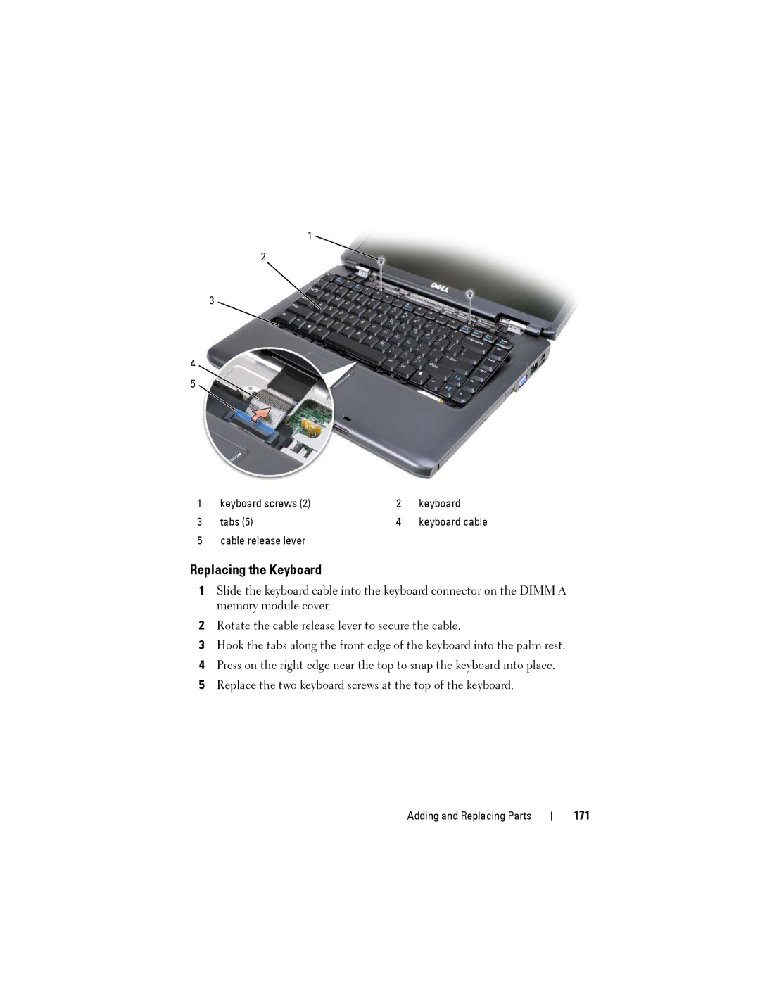 Dell PP22L owner manual Replacing the Keyboard, 171 