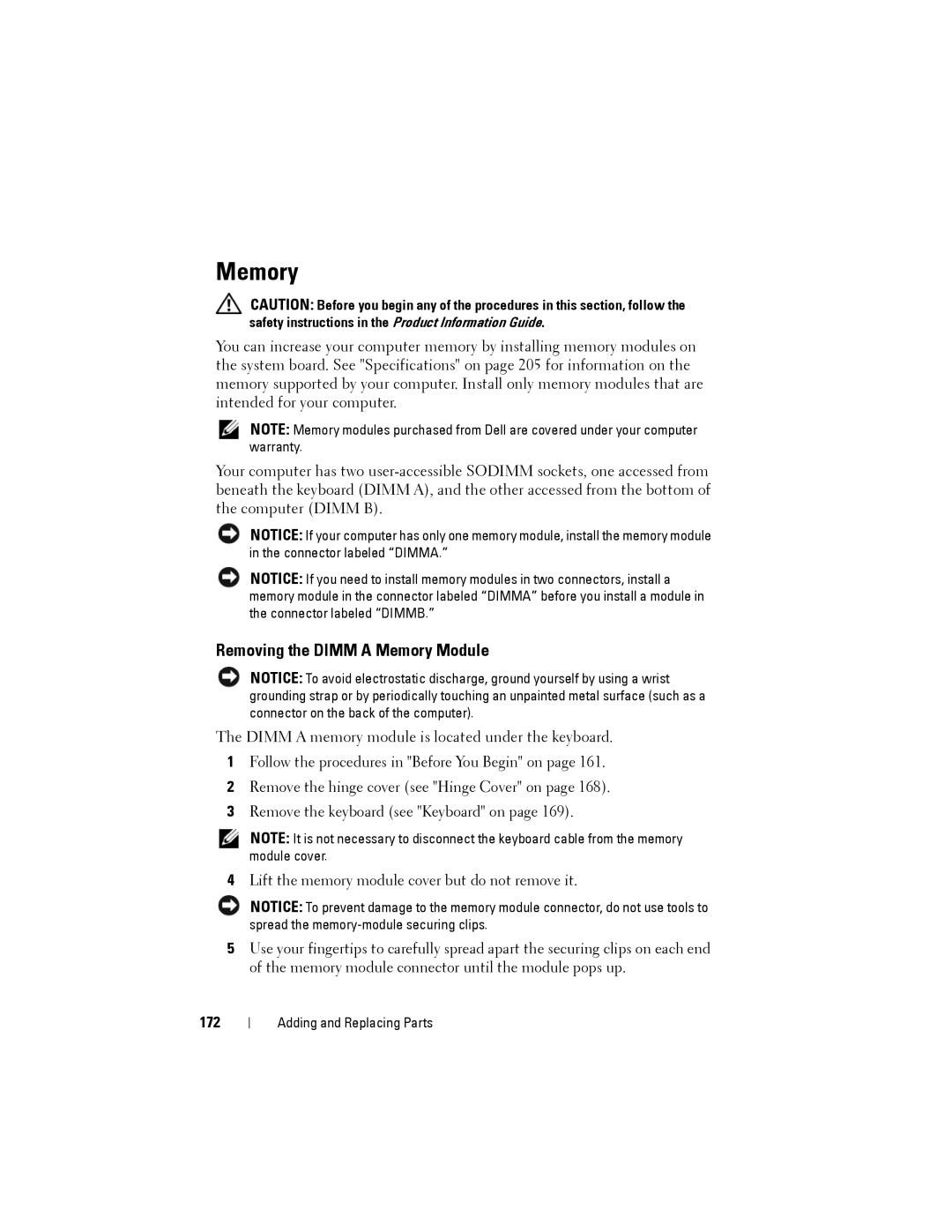 Dell PP22L owner manual Removing the Dimm a Memory Module, 172 