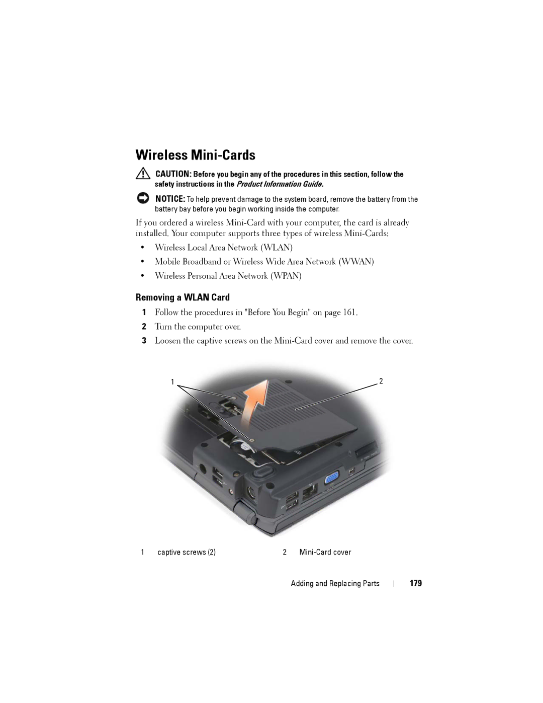 Dell PP22L owner manual Wireless Mini-Cards, Removing a Wlan Card, 179 