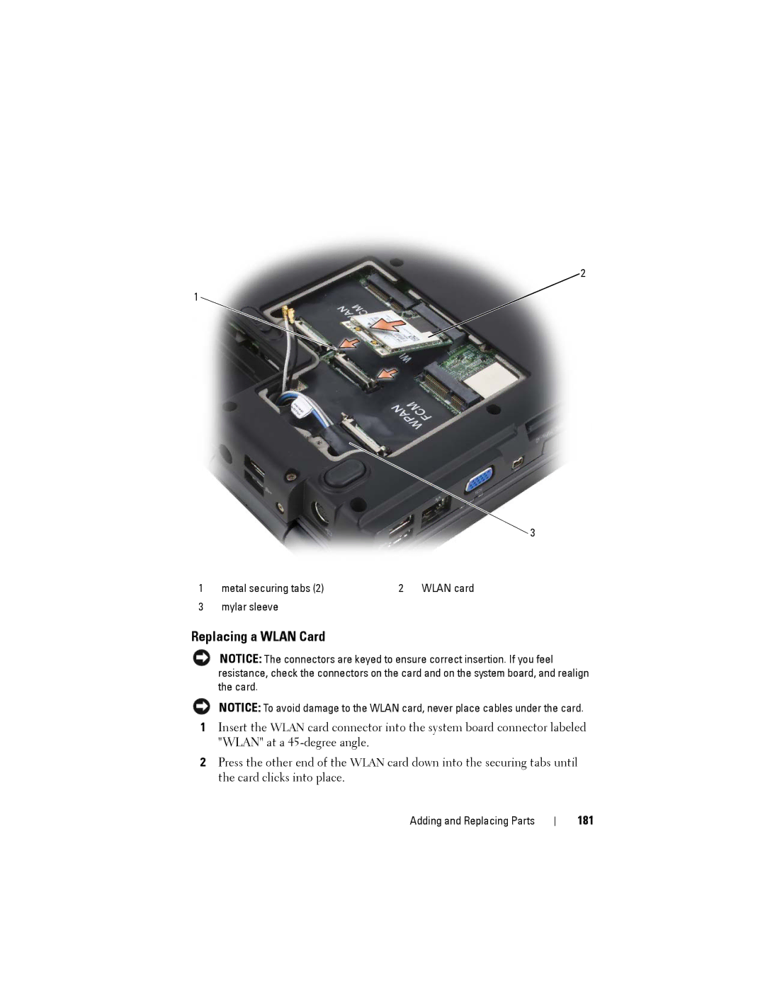 Dell PP22L owner manual Replacing a Wlan Card, 181 