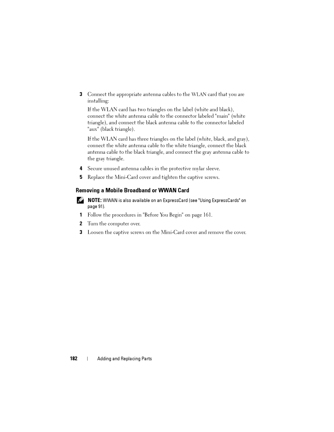 Dell PP22L owner manual Removing a Mobile Broadband or Wwan Card, 182 