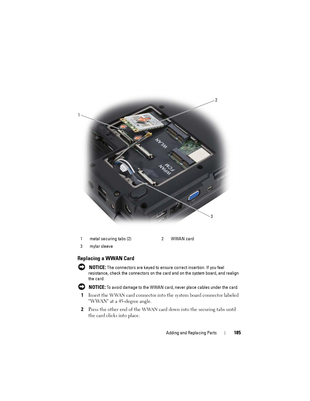 Dell PP22L owner manual Replacing a Wwan Card, 185 