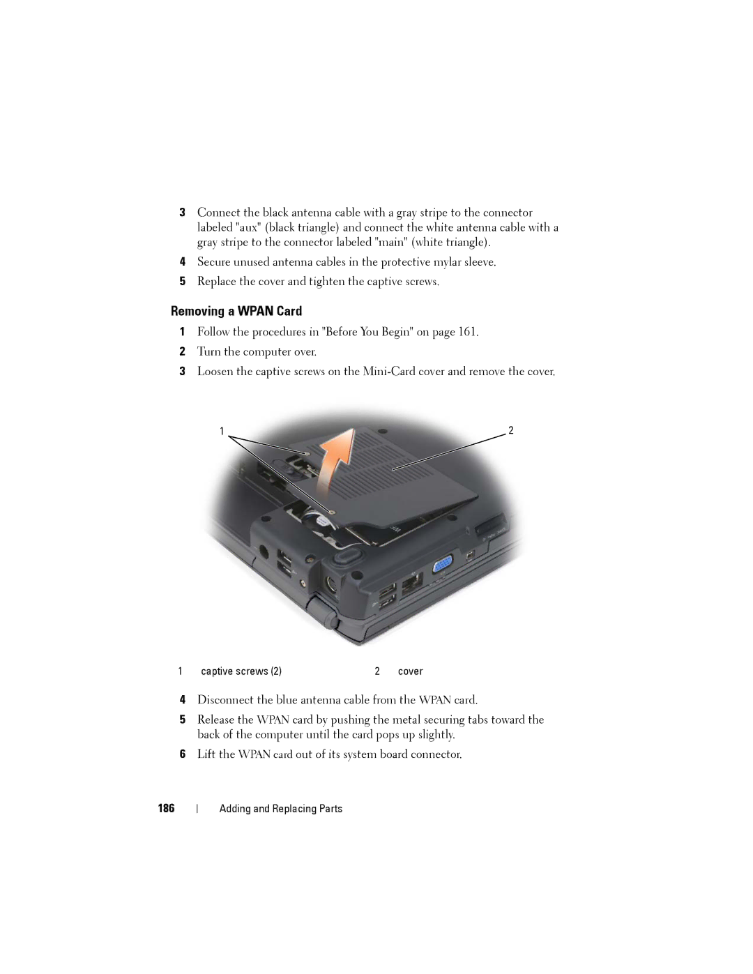 Dell PP22L owner manual Removing a Wpan Card, 186 