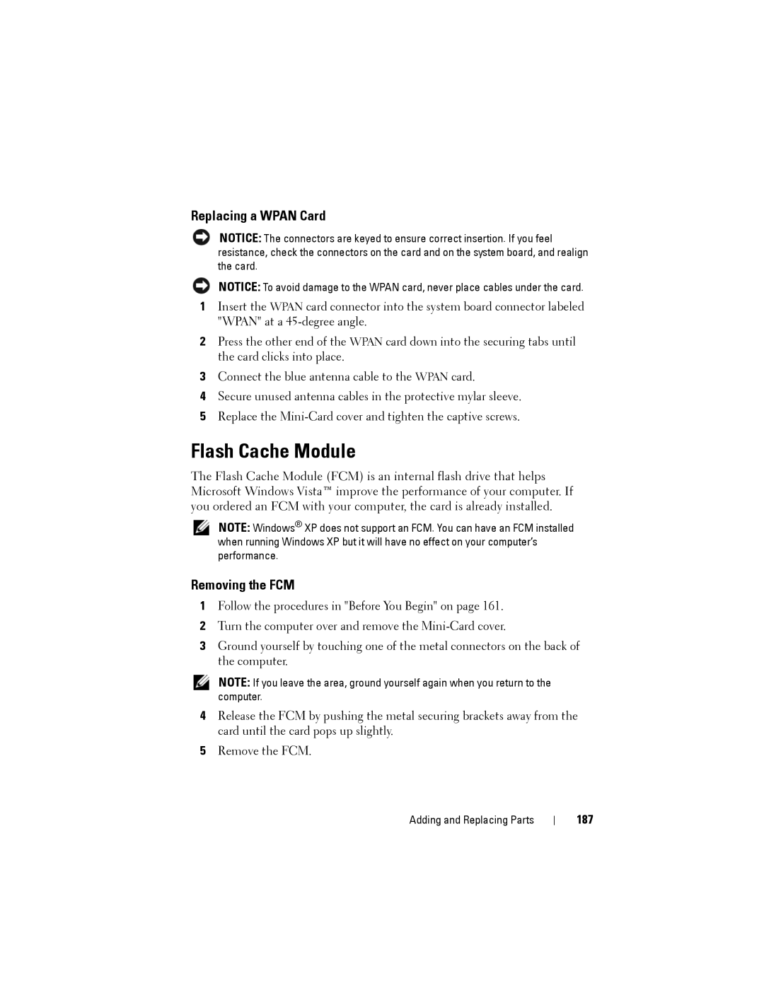 Dell PP22L owner manual Flash Cache Module, Replacing a Wpan Card, Removing the FCM, 187 