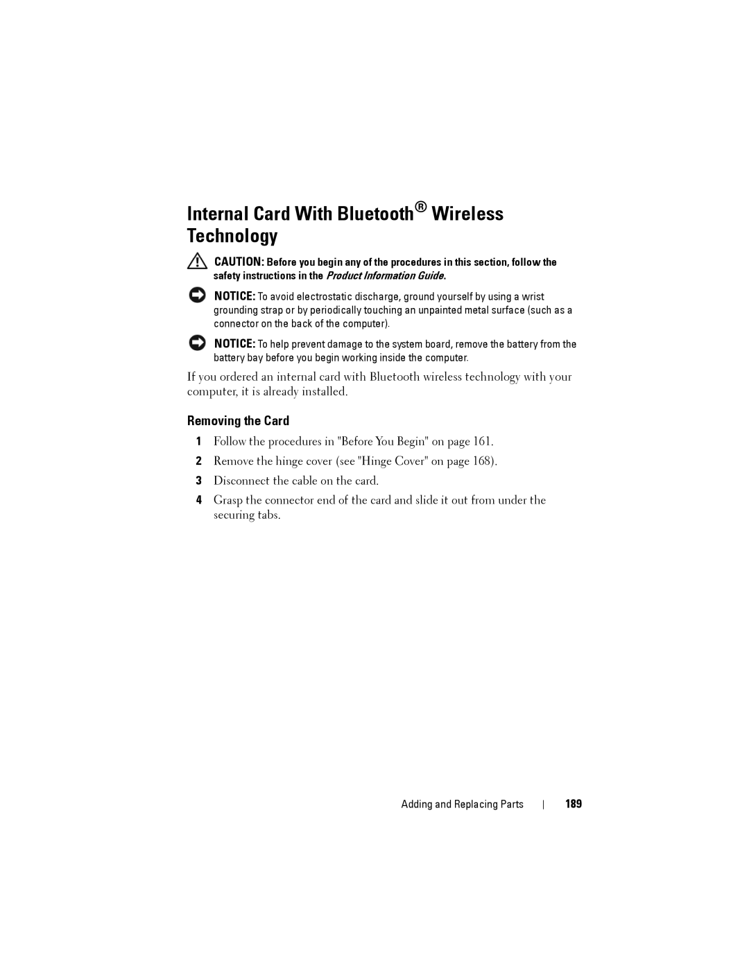 Dell PP22L owner manual Internal Card With Bluetooth Wireless Technology, Removing the Card, 189 