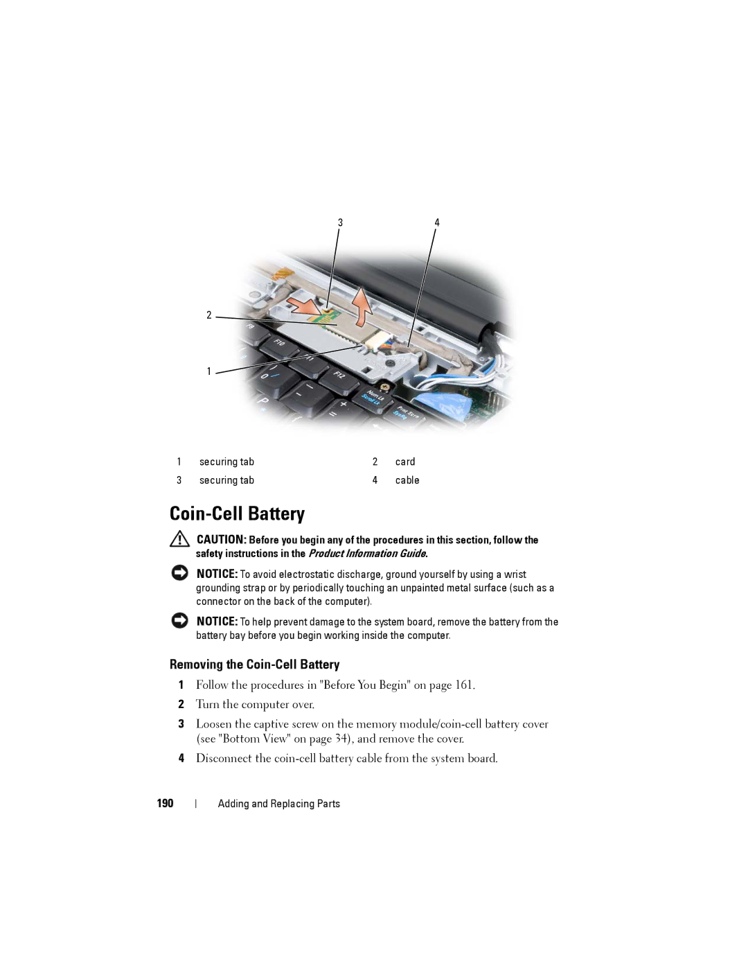 Dell PP22L owner manual Removing the Coin-Cell Battery, 190 