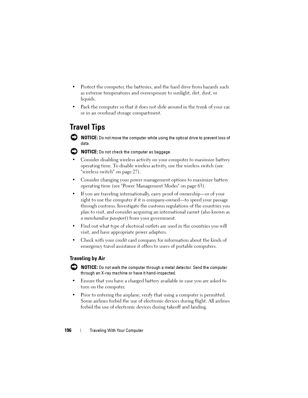 Dell PP22L owner manual Travel Tips, Traveling by Air, 196 