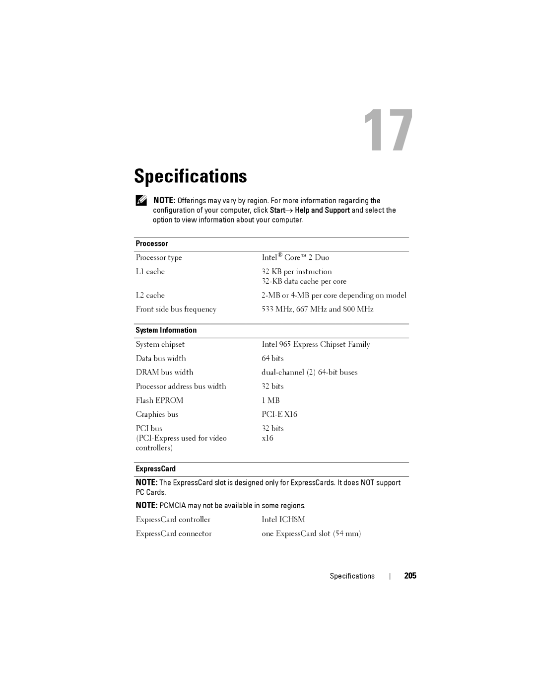 Dell PP22L owner manual Specifications, 205, Processor, System Information, ExpressCard 