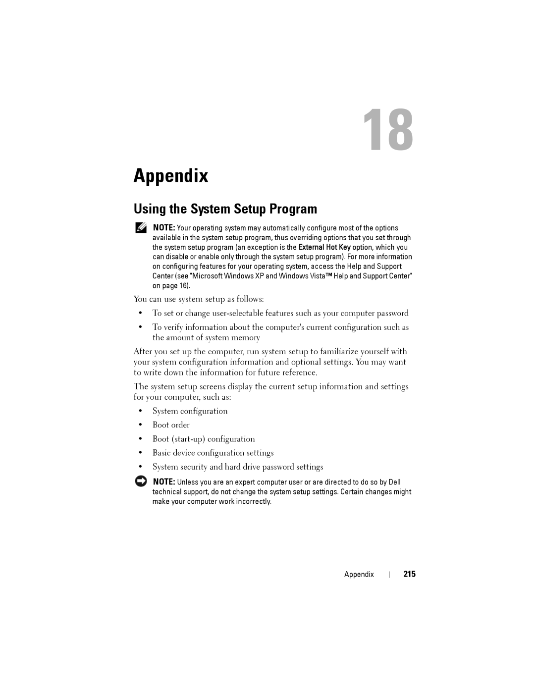 Dell PP22L owner manual Appendix, Using the System Setup Program, 215 