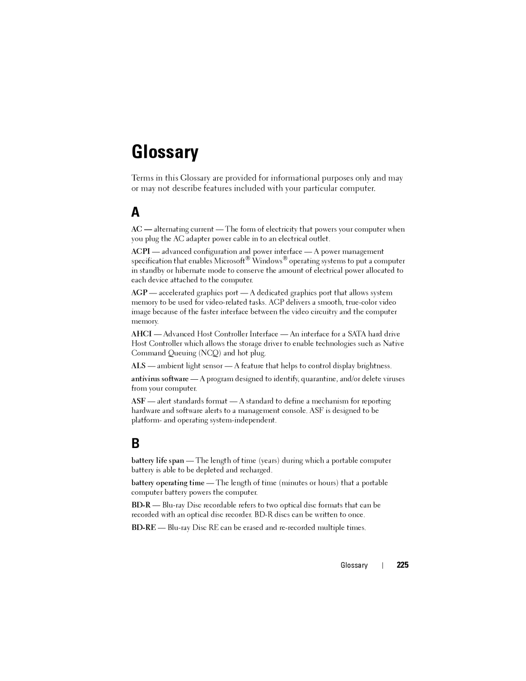 Dell PP22L owner manual Glossary, 225 