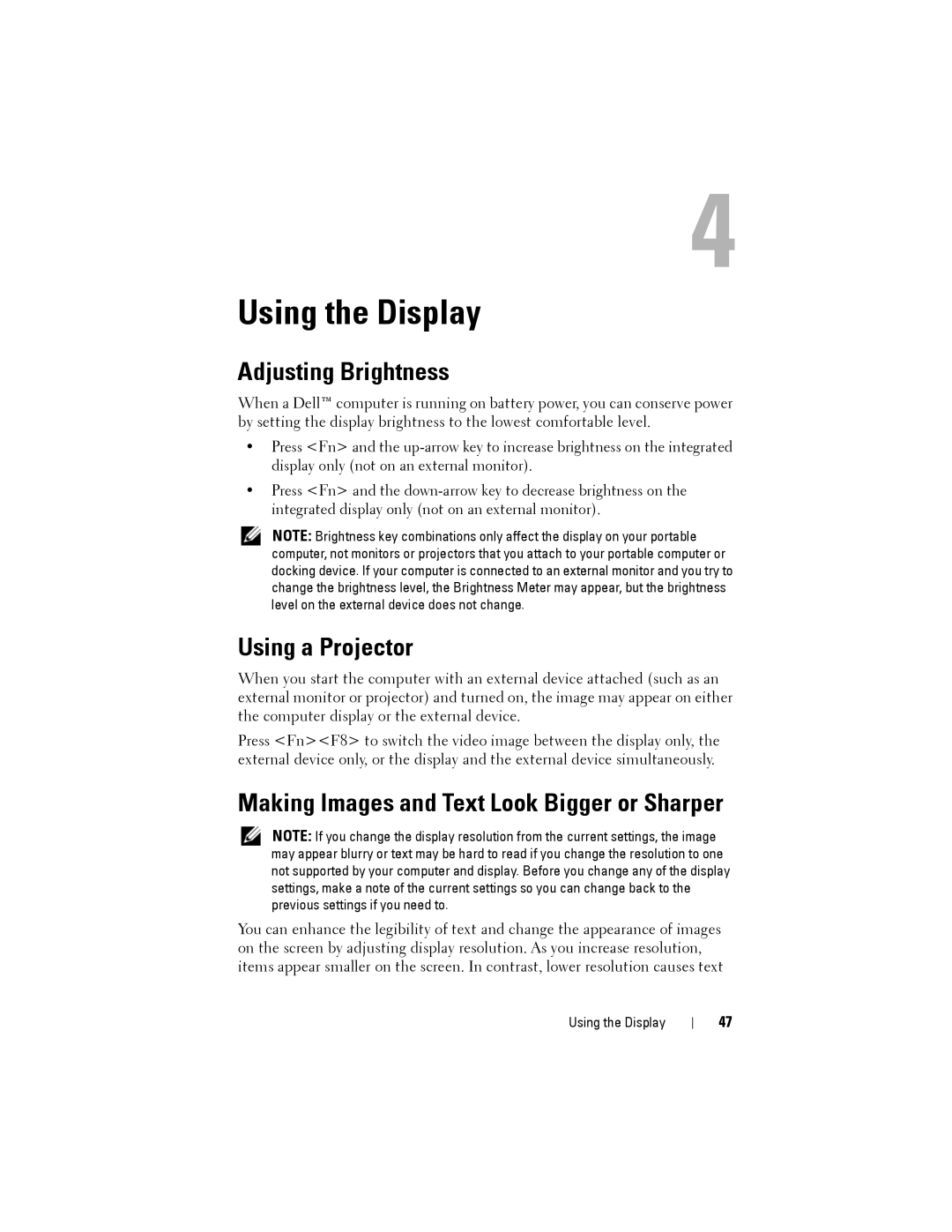 Dell PP22L owner manual Using the Display, Adjusting Brightness, Using a Projector 