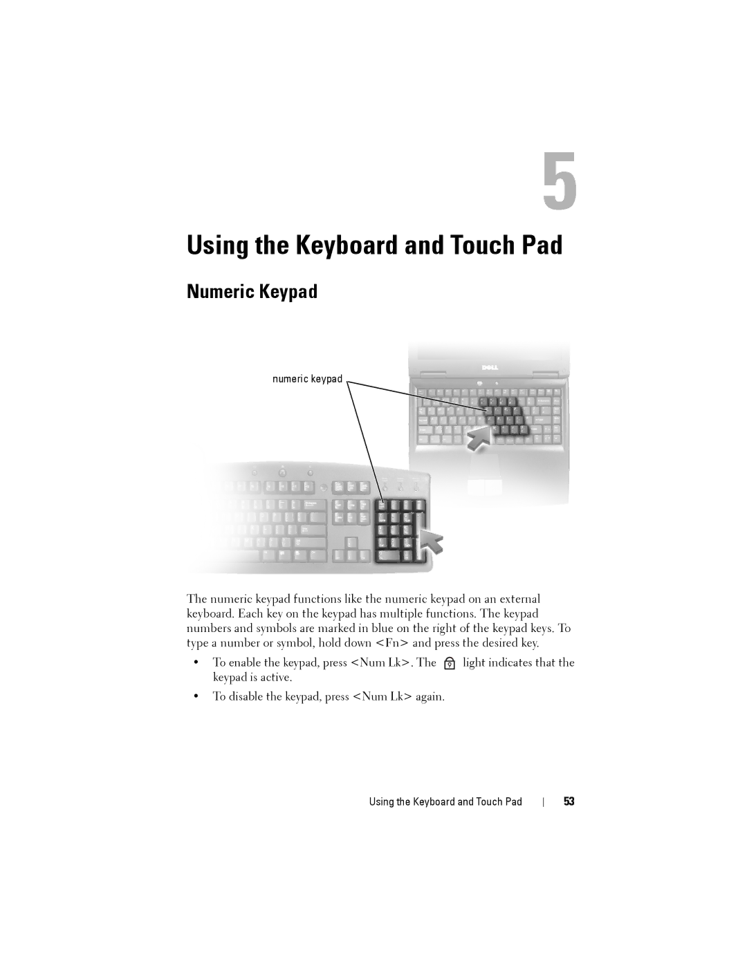 Dell PP22L owner manual Using the Keyboard and Touch Pad, Numeric Keypad 