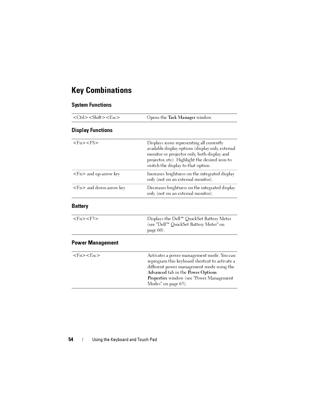 Dell PP22L owner manual Key Combinations, System Functions, Display Functions, Battery, Power Management 