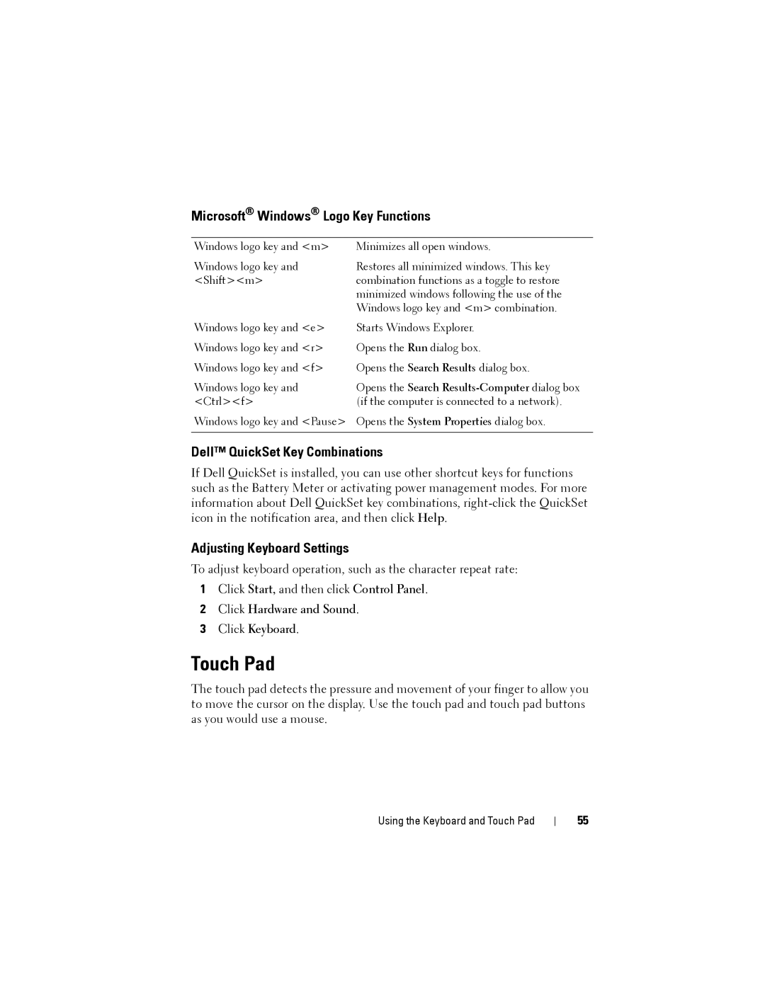 Dell PP22L Touch Pad, Microsoft Windows Logo Key Functions, Dell QuickSet Key Combinations, Adjusting Keyboard Settings 