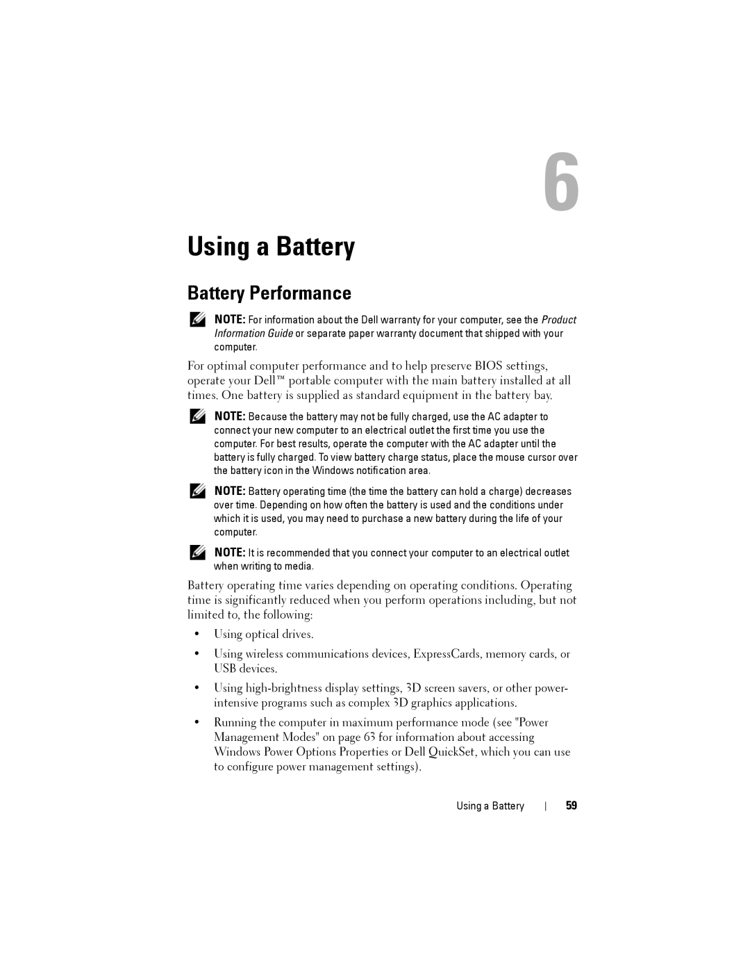 Dell PP22L owner manual Using a Battery, Battery Performance 