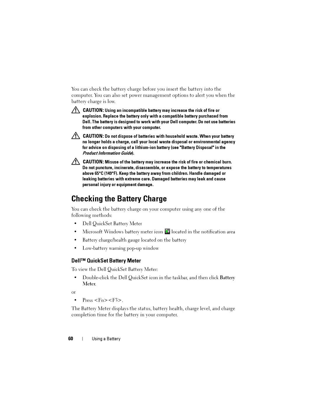 Dell PP22L owner manual Checking the Battery Charge, Dell QuickSet Battery Meter 