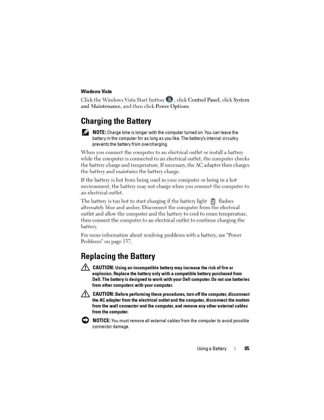 Dell PP22L owner manual Charging the Battery, Replacing the Battery 