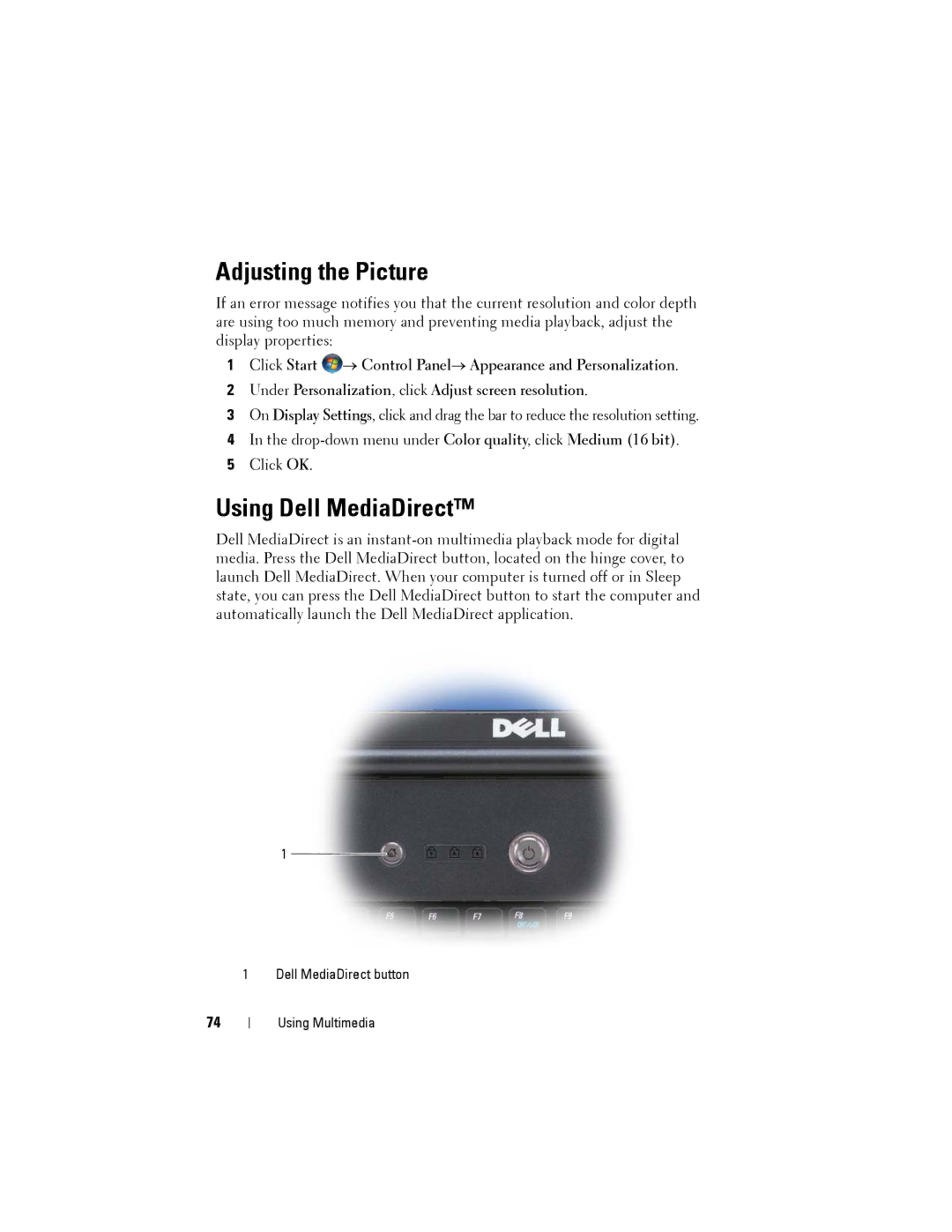 Dell PP22L owner manual Adjusting the Picture, Using Dell MediaDirect 