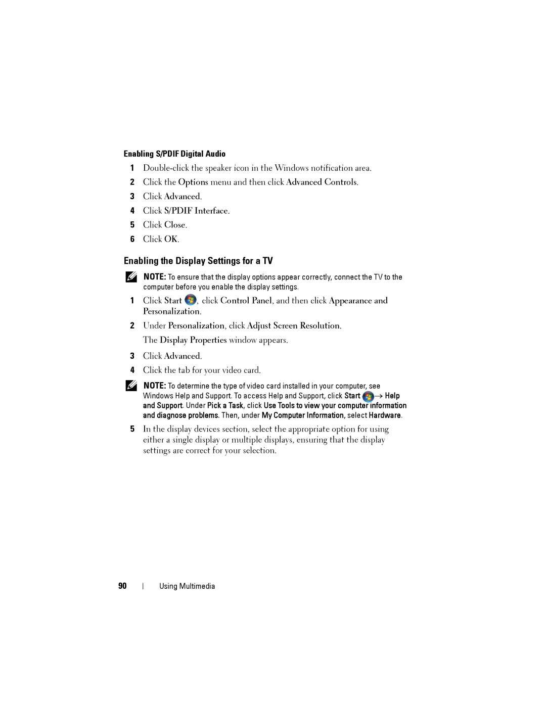 Dell PP22L Enabling the Display Settings for a TV, Enabling S/PDIF Digital Audio, Click Advanced Click S/PDIF Interface 