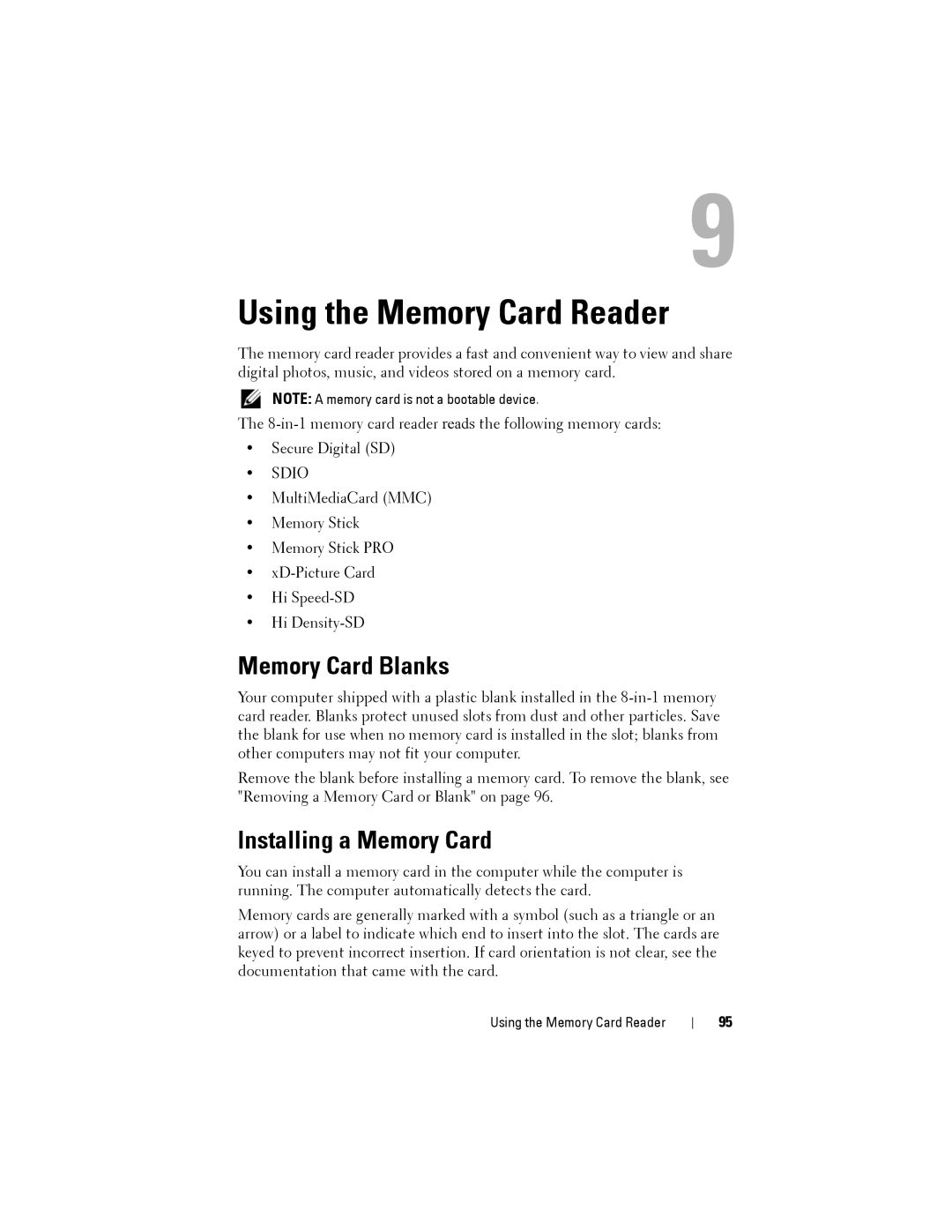 Dell PP22L owner manual Using the Memory Card Reader, Memory Card Blanks, Installing a Memory Card 