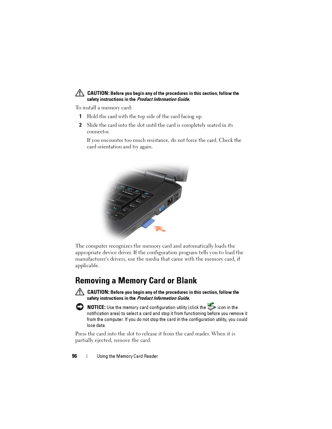 Dell PP22L owner manual Removing a Memory Card or Blank 