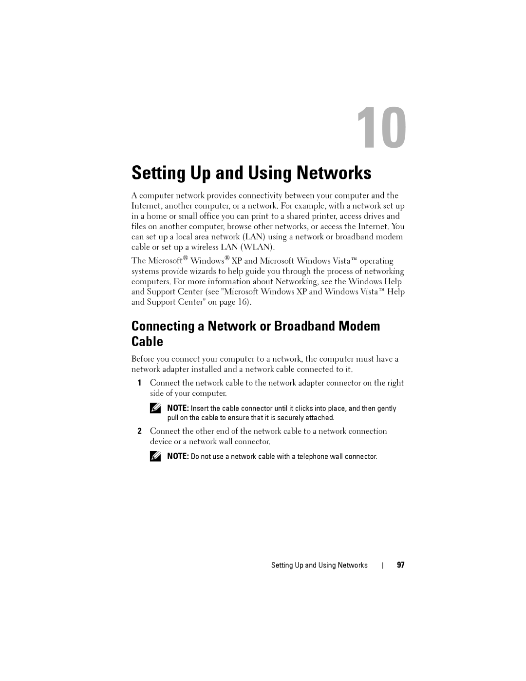 Dell PP22L owner manual Setting Up and Using Networks, Connecting a Network or Broadband Modem Cable 