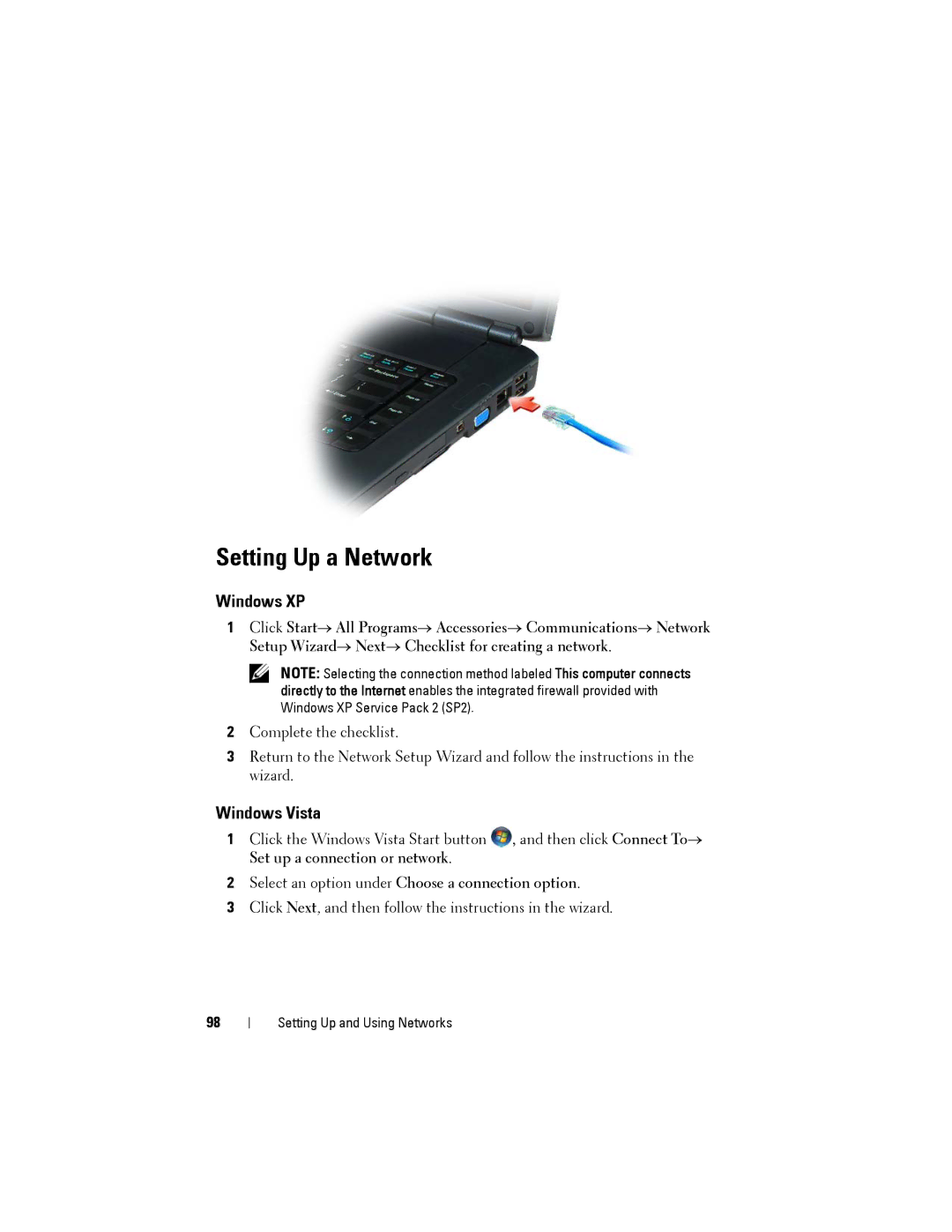 Dell PP22L owner manual Setting Up a Network, Windows XP, Select an option under Choose a connection option 