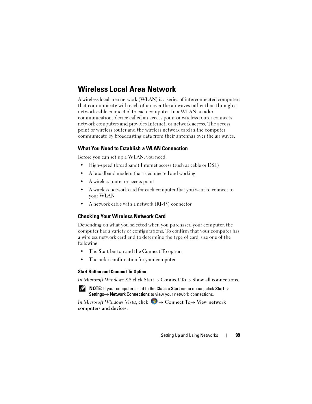 Dell PP22L Wireless Local Area Network, What You Need to Establish a Wlan Connection, Checking Your Wireless Network Card 