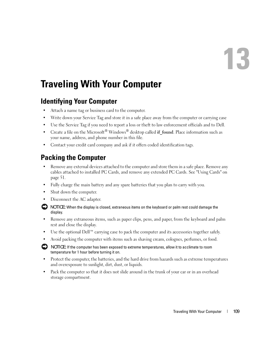 Dell PP23LA owner manual Traveling With Your Computer, Identifying Your Computer, Packing the Computer, 109 