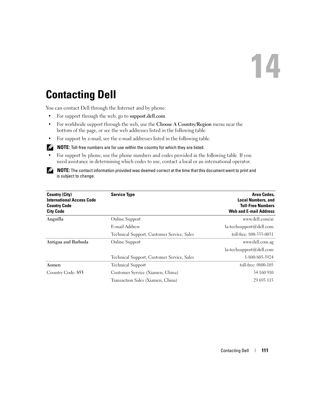 Dell PP23LA owner manual Contacting Dell, 111 