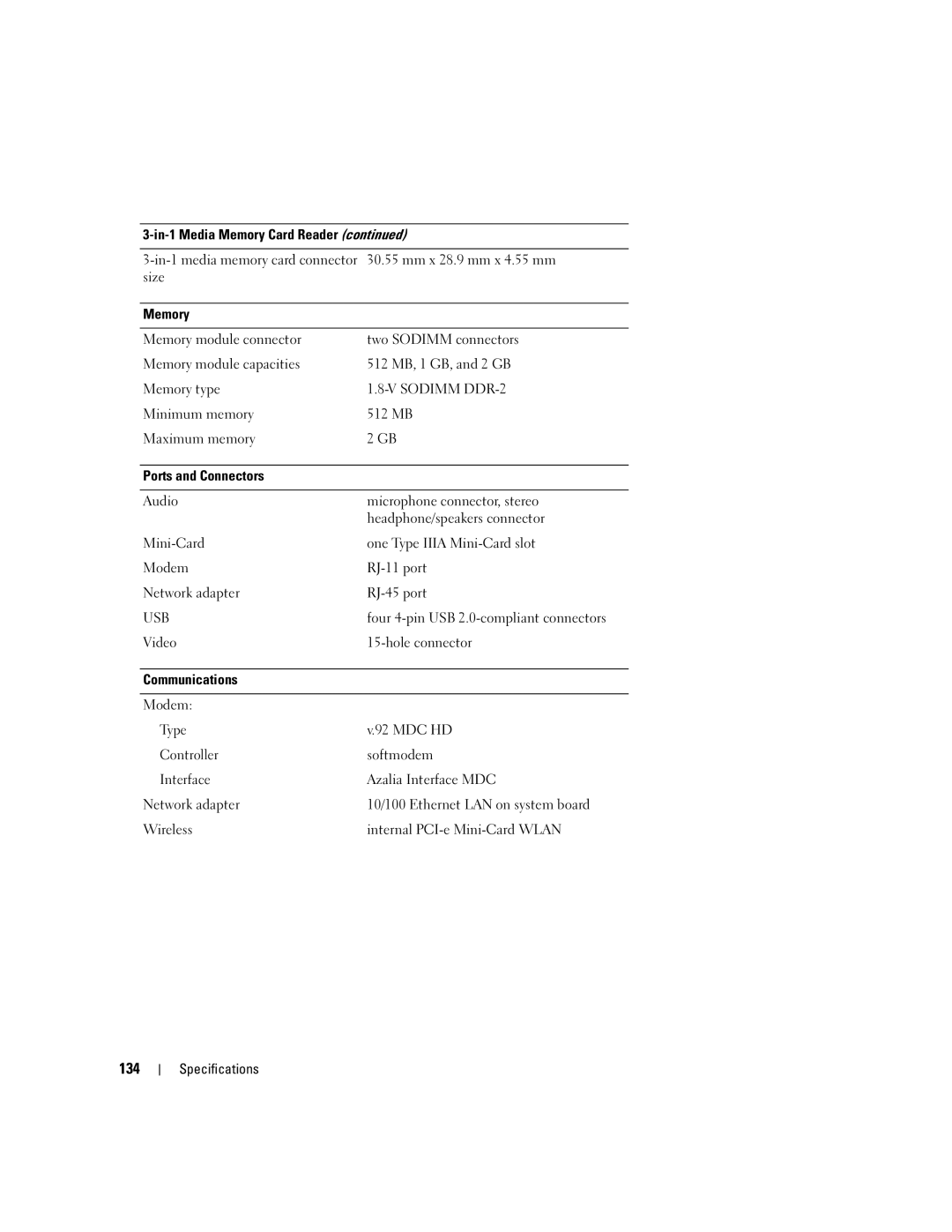 Dell PP23LA owner manual 134, Memory, Ports and Connectors, Communications 