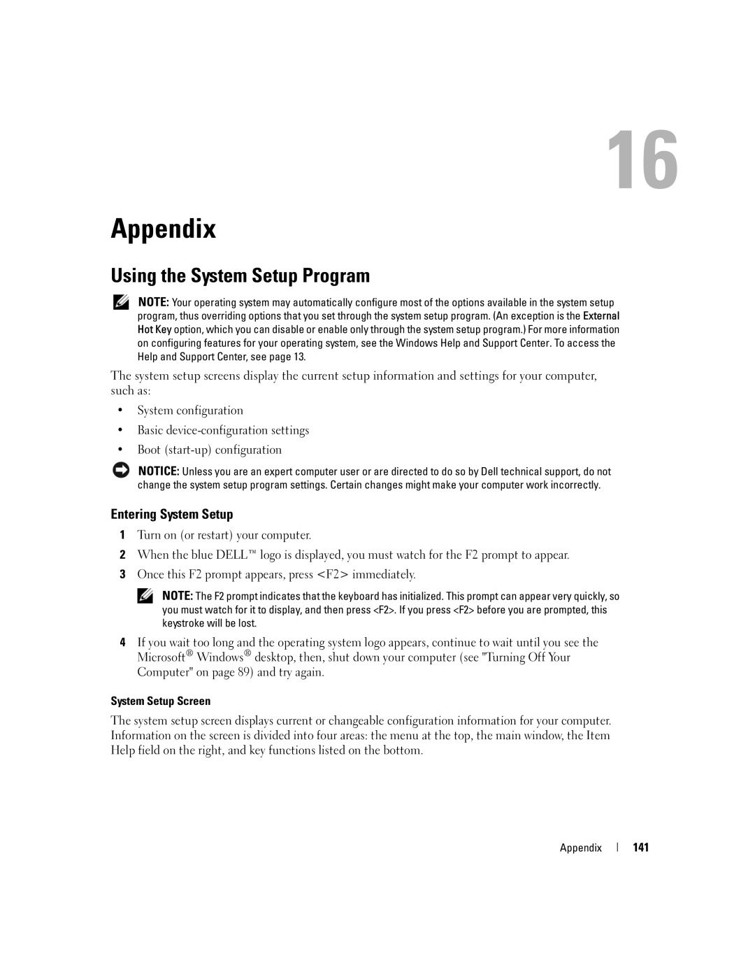 Dell PP23LA owner manual Appendix, Using the System Setup Program, Entering System Setup, 141 