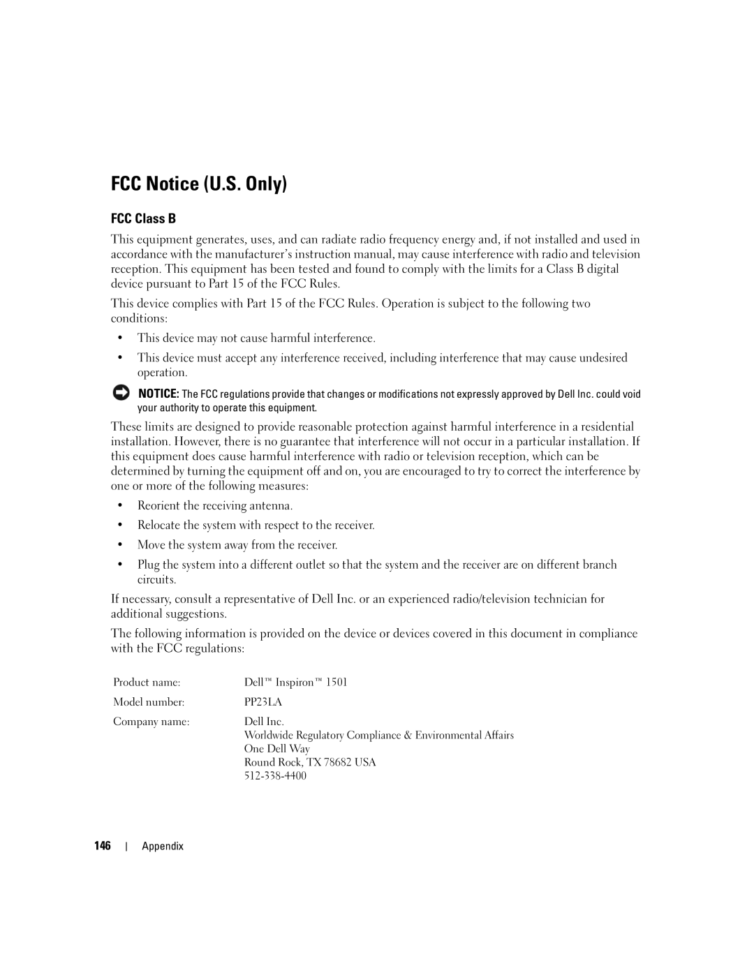 Dell PP23LA owner manual FCC Notice U.S. Only, FCC Class B, 146 