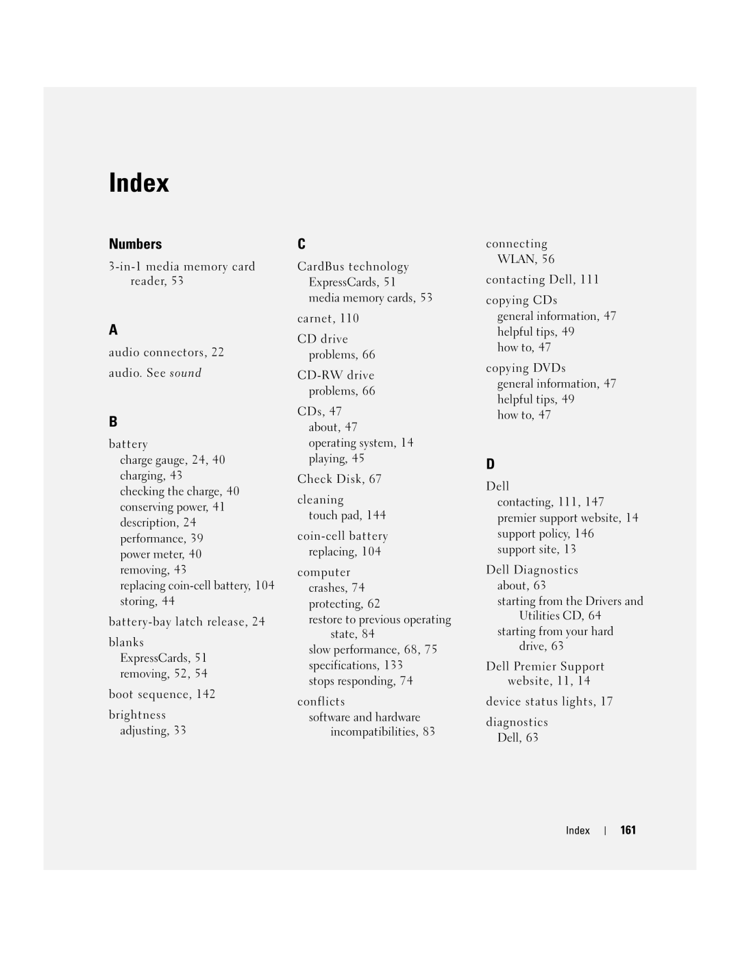 Dell PP23LA owner manual Index, Boot sequence Brightness adjusting, 161 