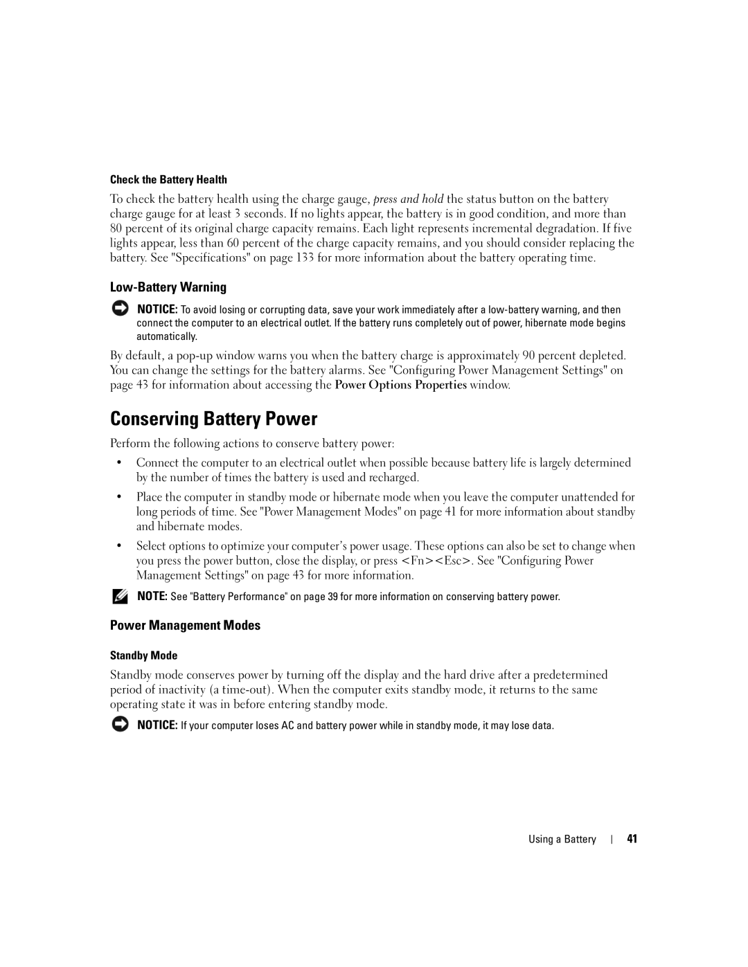 Dell PP23LA owner manual Conserving Battery Power, Low-Battery Warning, Power Management Modes, Check the Battery Health 